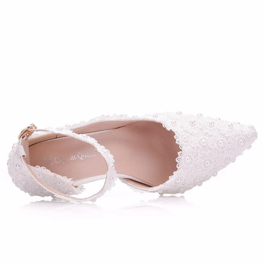 3" White floral lace ankle strap wedding heels