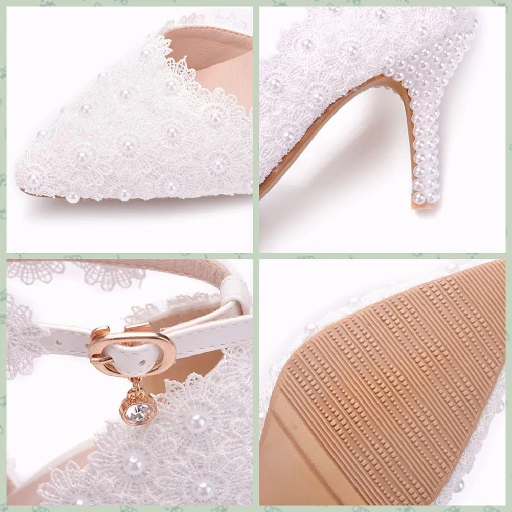 3" White floral lace ankle strap wedding heels