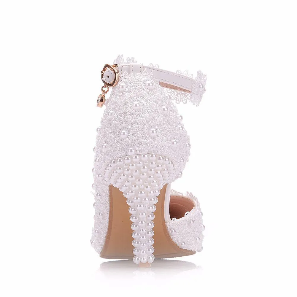 3" White floral lace ankle strap wedding heels