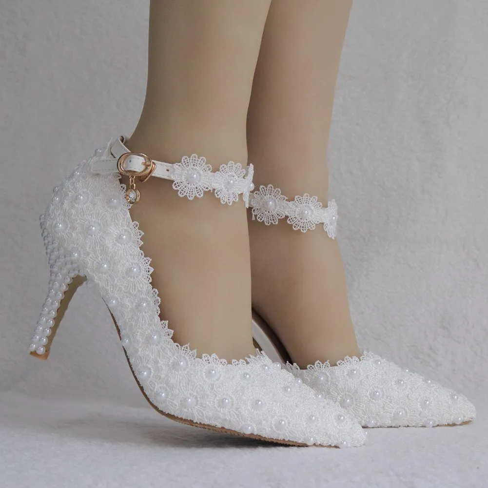 3" White floral lace ankle strap wedding heels