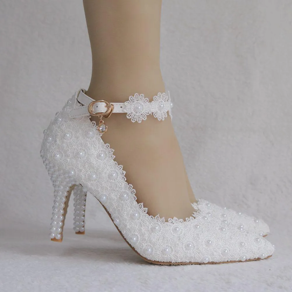 3" White floral lace ankle strap wedding heels