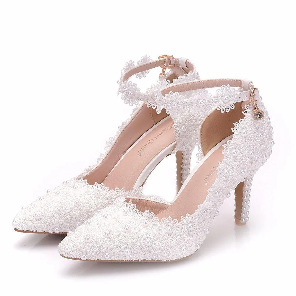 3" White floral lace ankle strap wedding heels