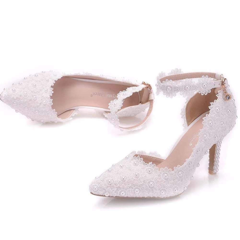 3" White floral lace ankle strap wedding heels