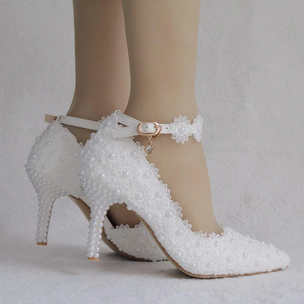 3" White floral lace ankle strap wedding heels