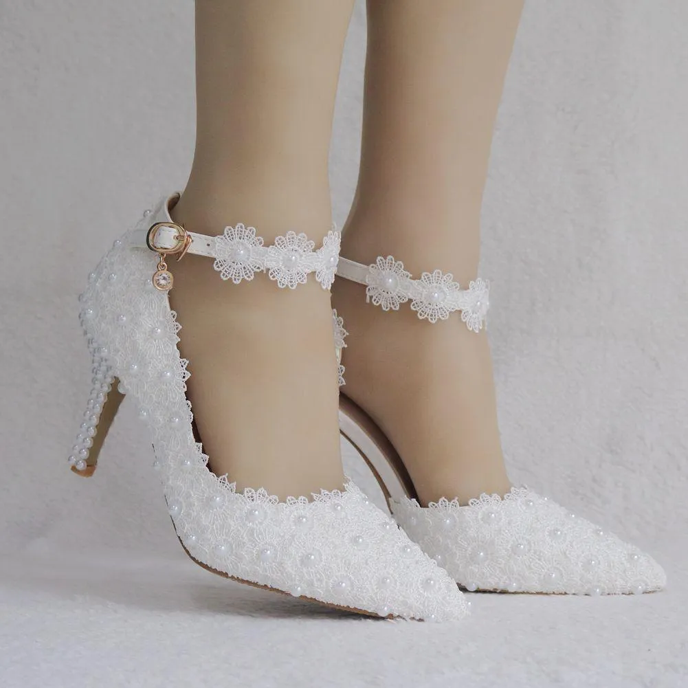 3" White floral lace ankle strap wedding heels