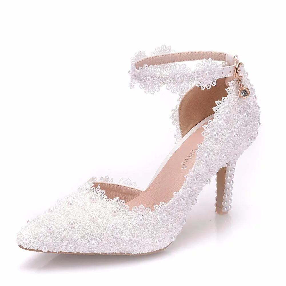 3" White floral lace ankle strap wedding heels