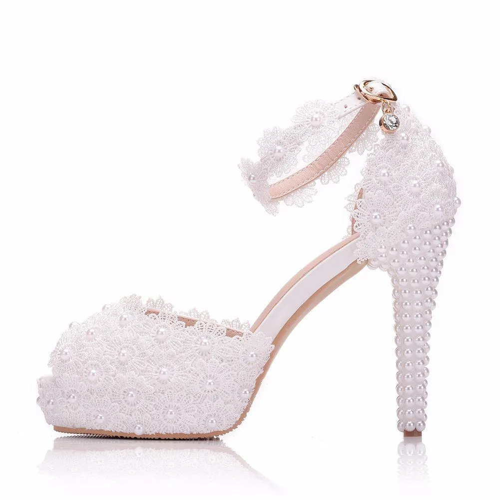 4" White lace peep toe ankle strap wedding heels comfy platform high heels