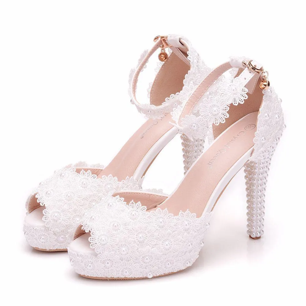 4" White lace peep toe ankle strap wedding heels comfy platform high heels