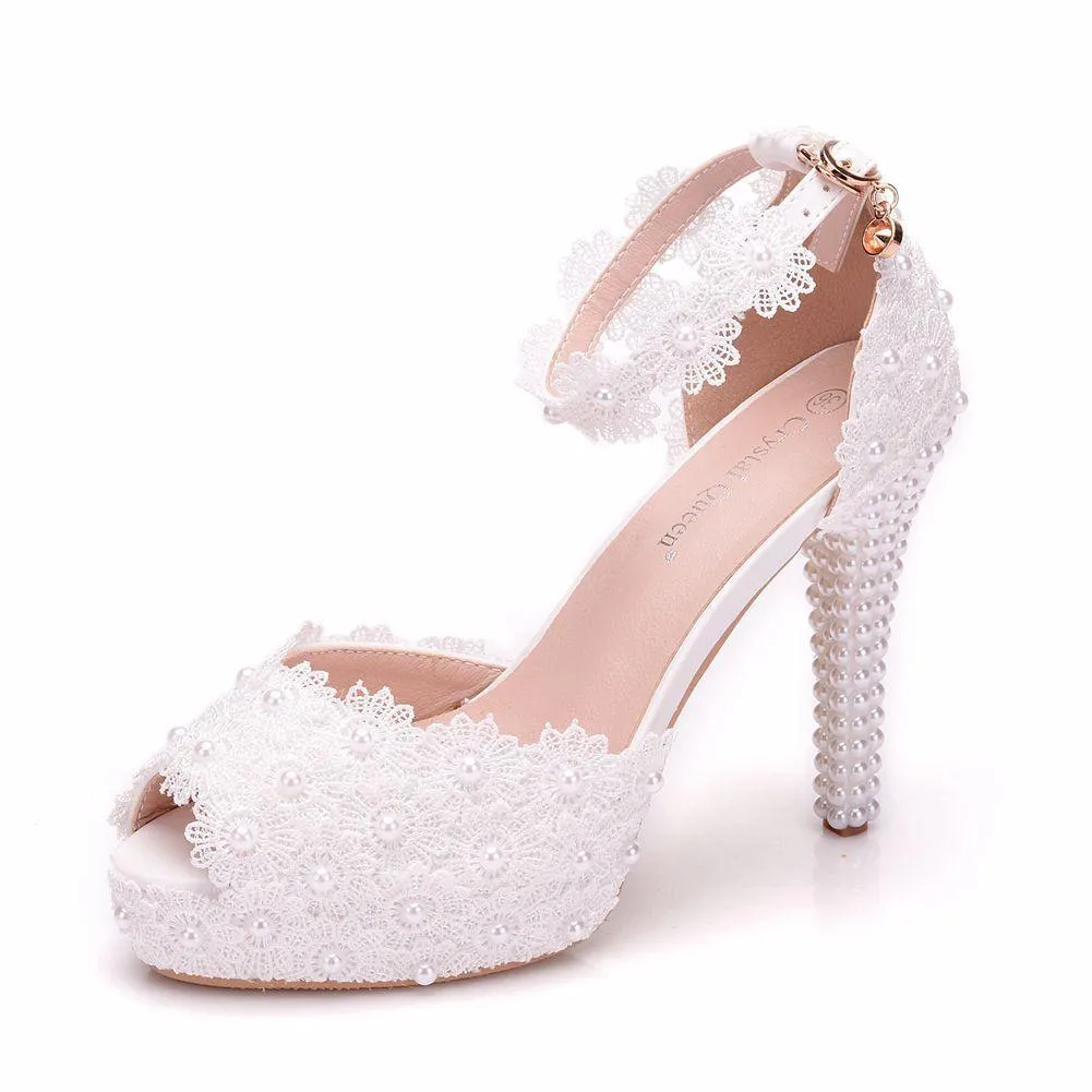 4" White lace peep toe ankle strap wedding heels comfy platform high heels