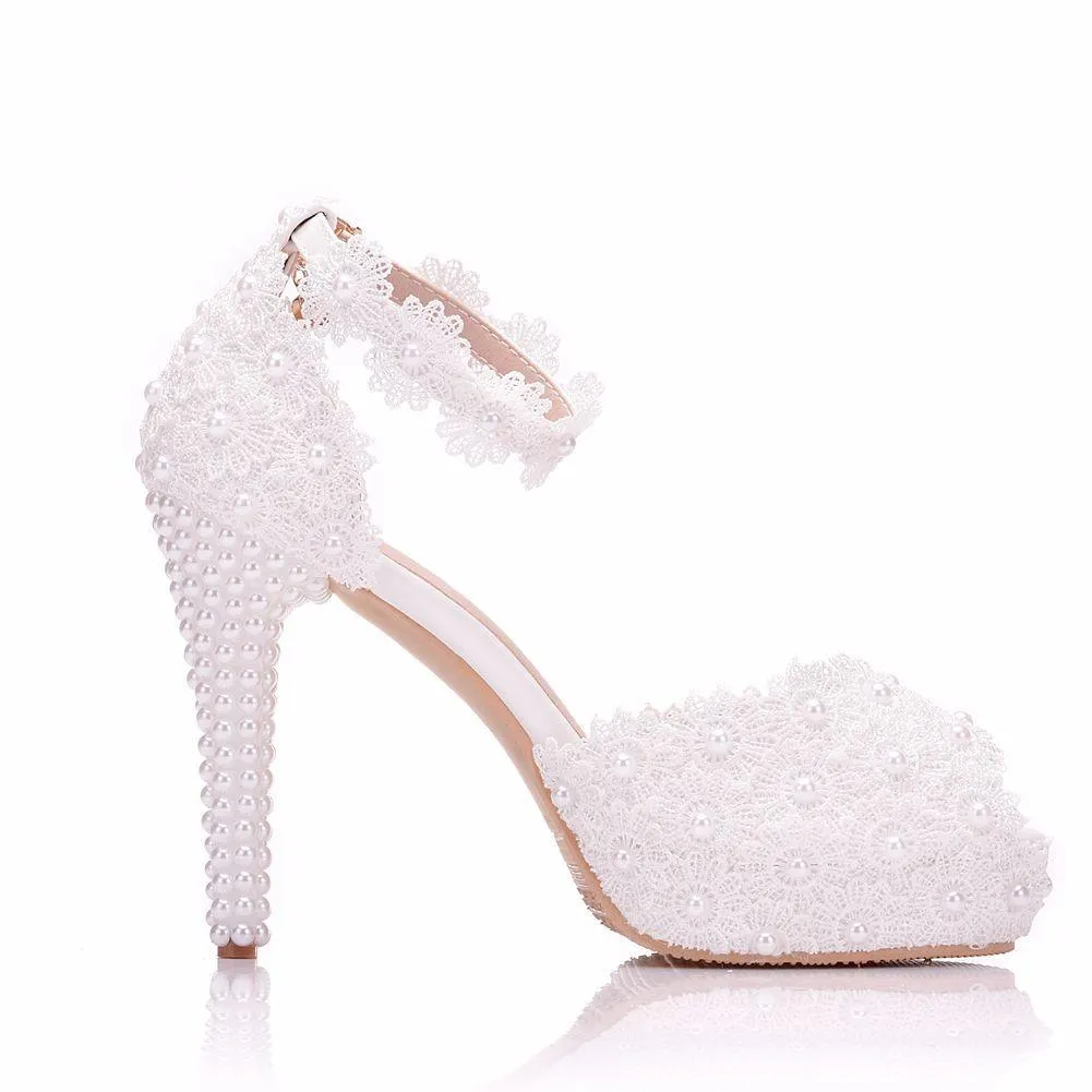 4" White lace peep toe ankle strap wedding heels comfy platform high heels