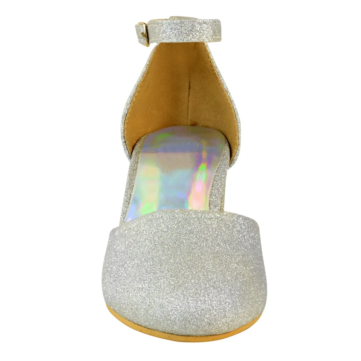 ABENA KIDS CLOSED TOE MID HIGH HEEL SANDALS WITH ANKLE STRAP IN SILVER GLITTER