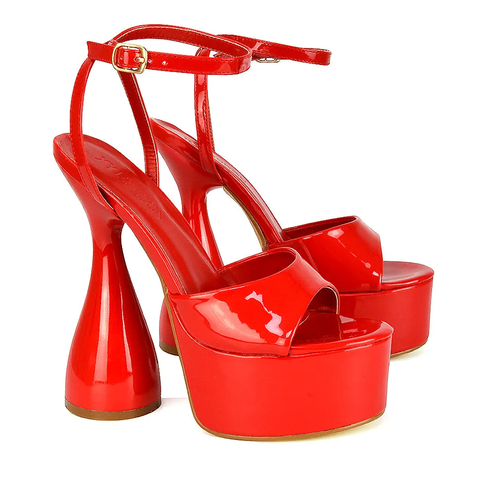 Acacia Strappy Peep Toe Cylinder Block Platform High Heel in Red Patent