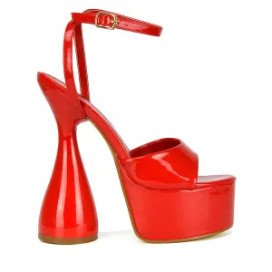 Acacia Strappy Peep Toe Cylinder Block Platform High Heel in Red Patent