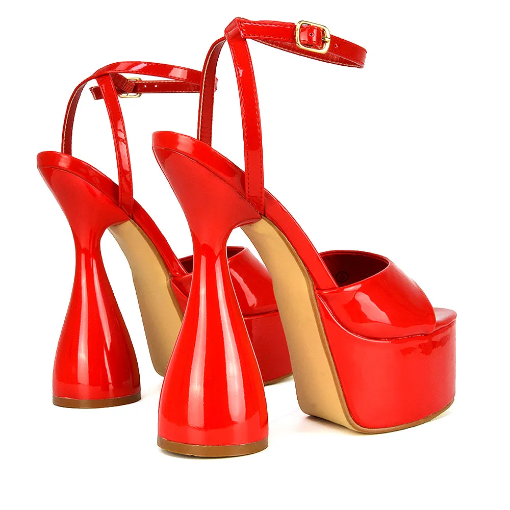 Acacia Strappy Peep Toe Cylinder Block Platform High Heel in Red Patent