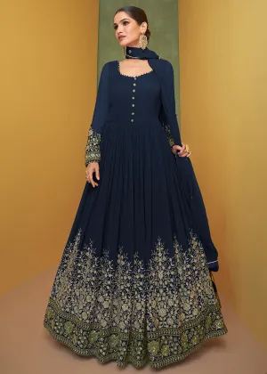 Appealing Navy Blue Wedding Embroidered Bridal Anarkali Gown