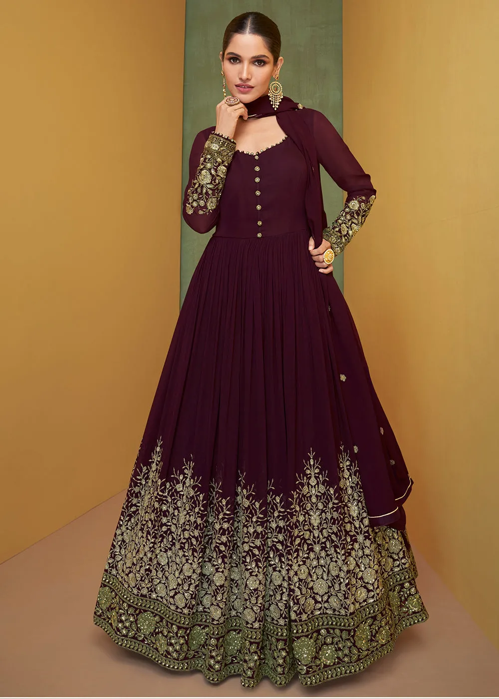 Appealing Plum Purple Wedding Embroidered Bridal Anarkali Gown