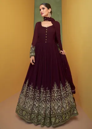 Appealing Plum Purple Wedding Embroidered Bridal Anarkali Gown