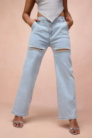 Aria Blue Rhinestone Cut-Out Jeans