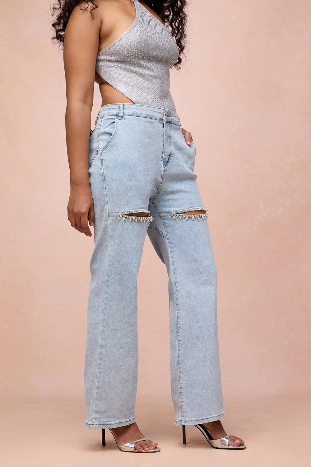 Aria Blue Rhinestone Cut-Out Jeans