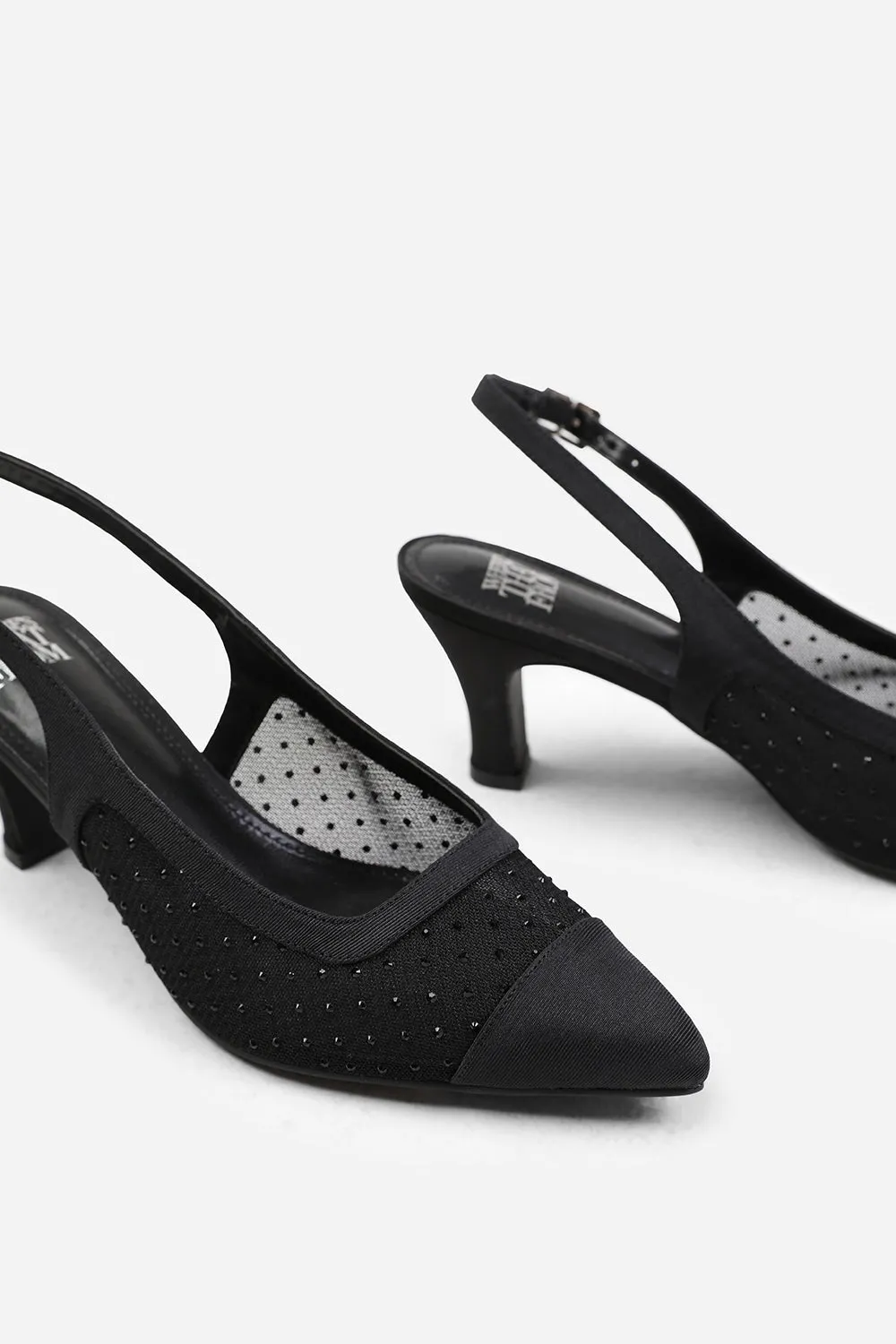 ASPEN DIAMANTE MESH POINTED HEEL WITH SLINGBACK STRAP IN BLACK SATIN