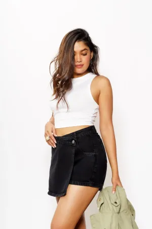 Asymmetric Waist Charcoal Denim Skorts