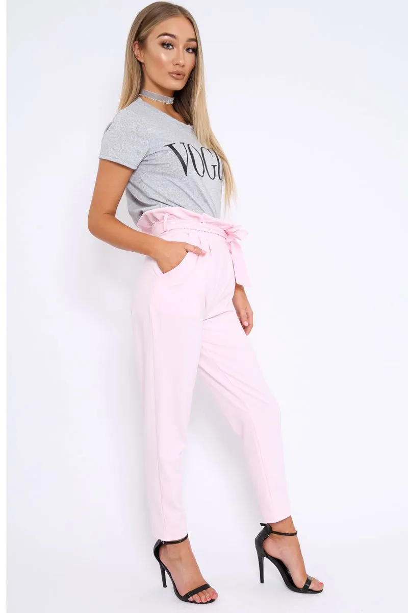 Baby Pink Paper Bag Tie Waist Cigarette Trousers - Karmen