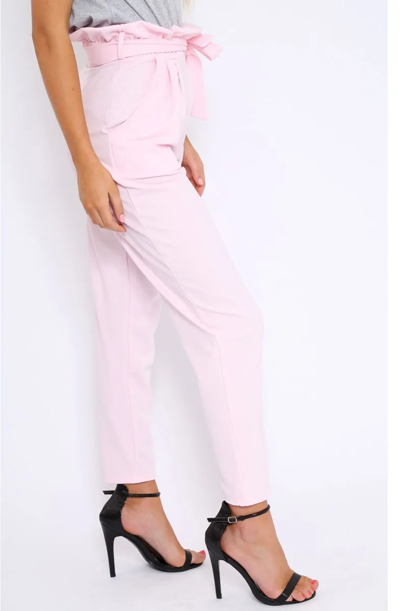 Baby Pink Paper Bag Tie Waist Cigarette Trousers - Karmen