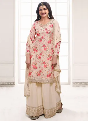 Beige Sequence Embroidery Floral Palazzo Suit