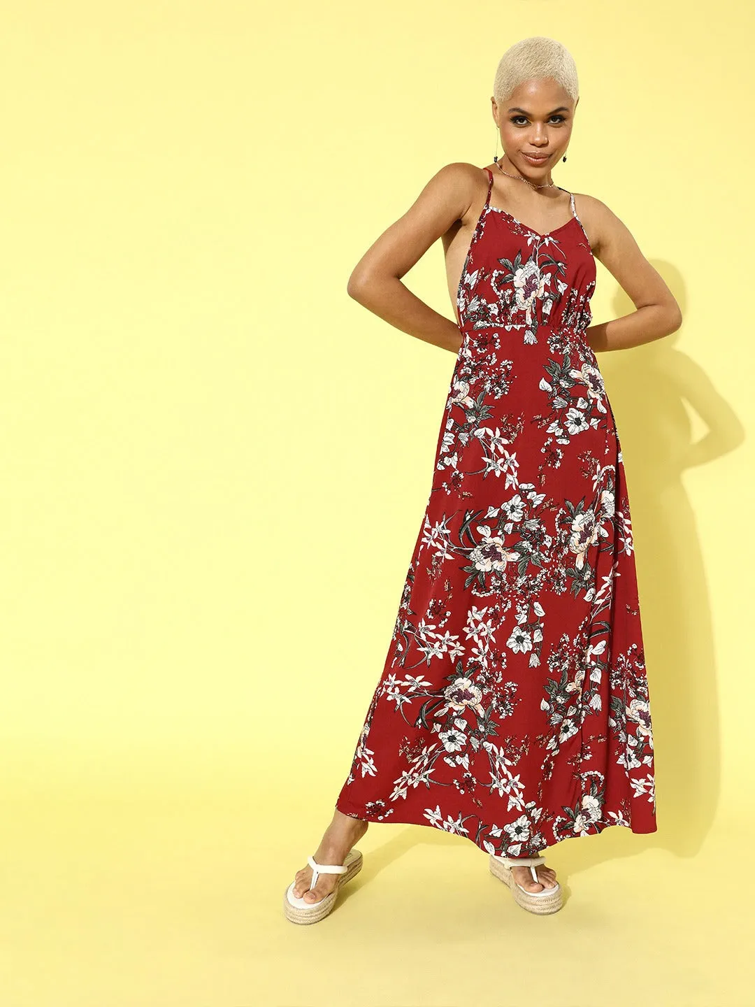 Berrylush Women Maroon & Multicoloured Floral Printed Backless Maxi Dress