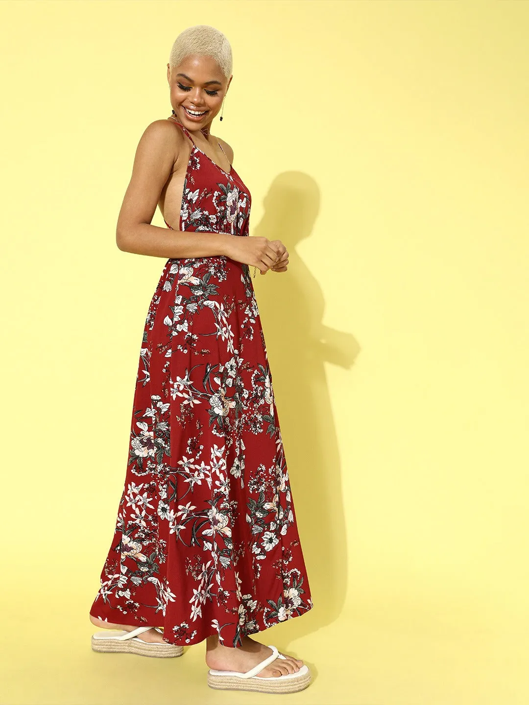 Berrylush Women Maroon & Multicoloured Floral Printed Backless Maxi Dress