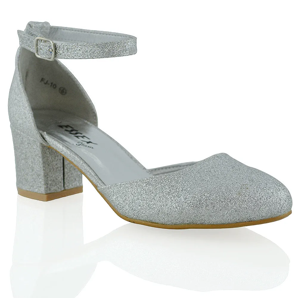 BILLIE-MAY CHUNKY STRAPPY MID BLOCK HIGH HEELS COURT SHOES IN SILVER GLITTER