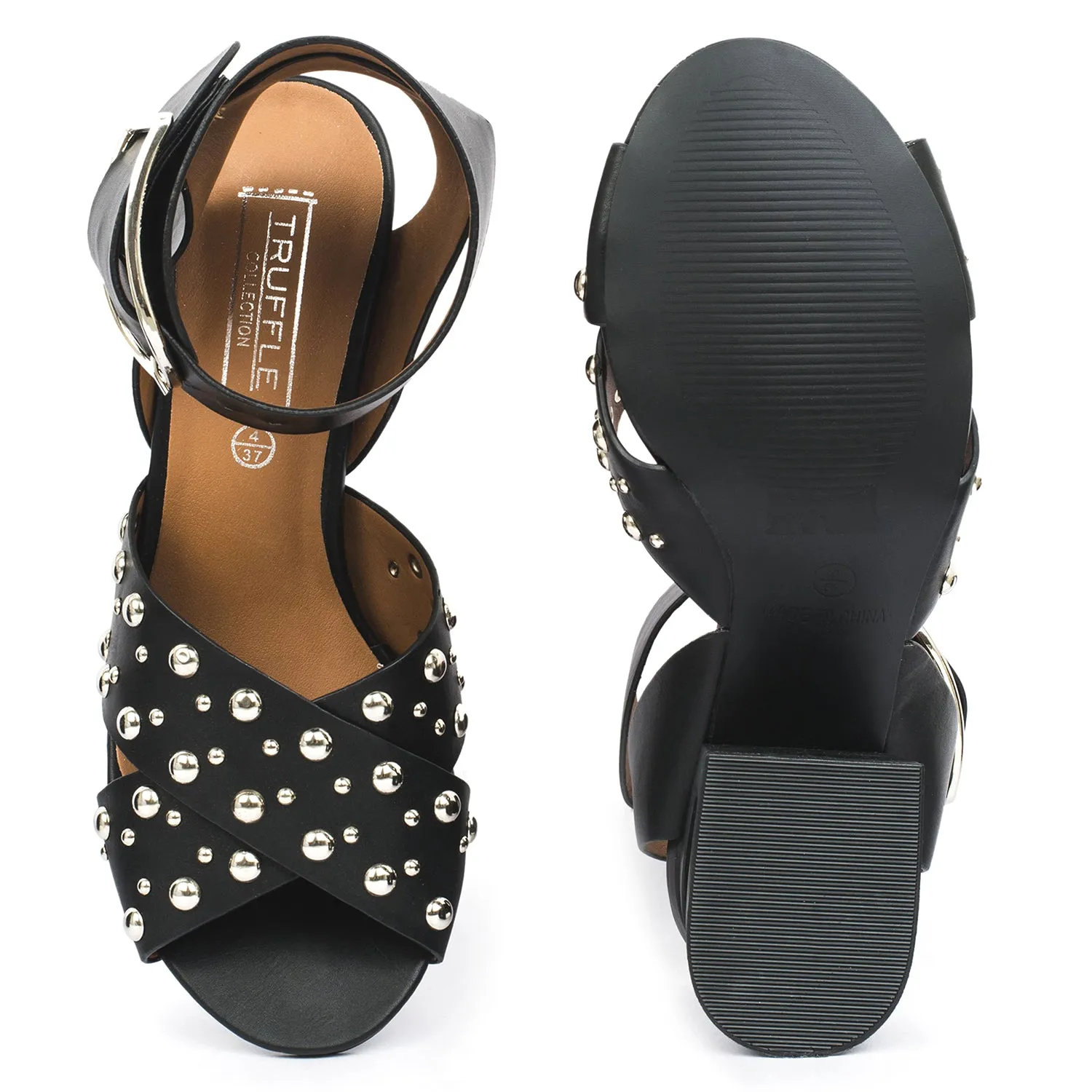 Black Block Studded Cross Over Heeled Sandal