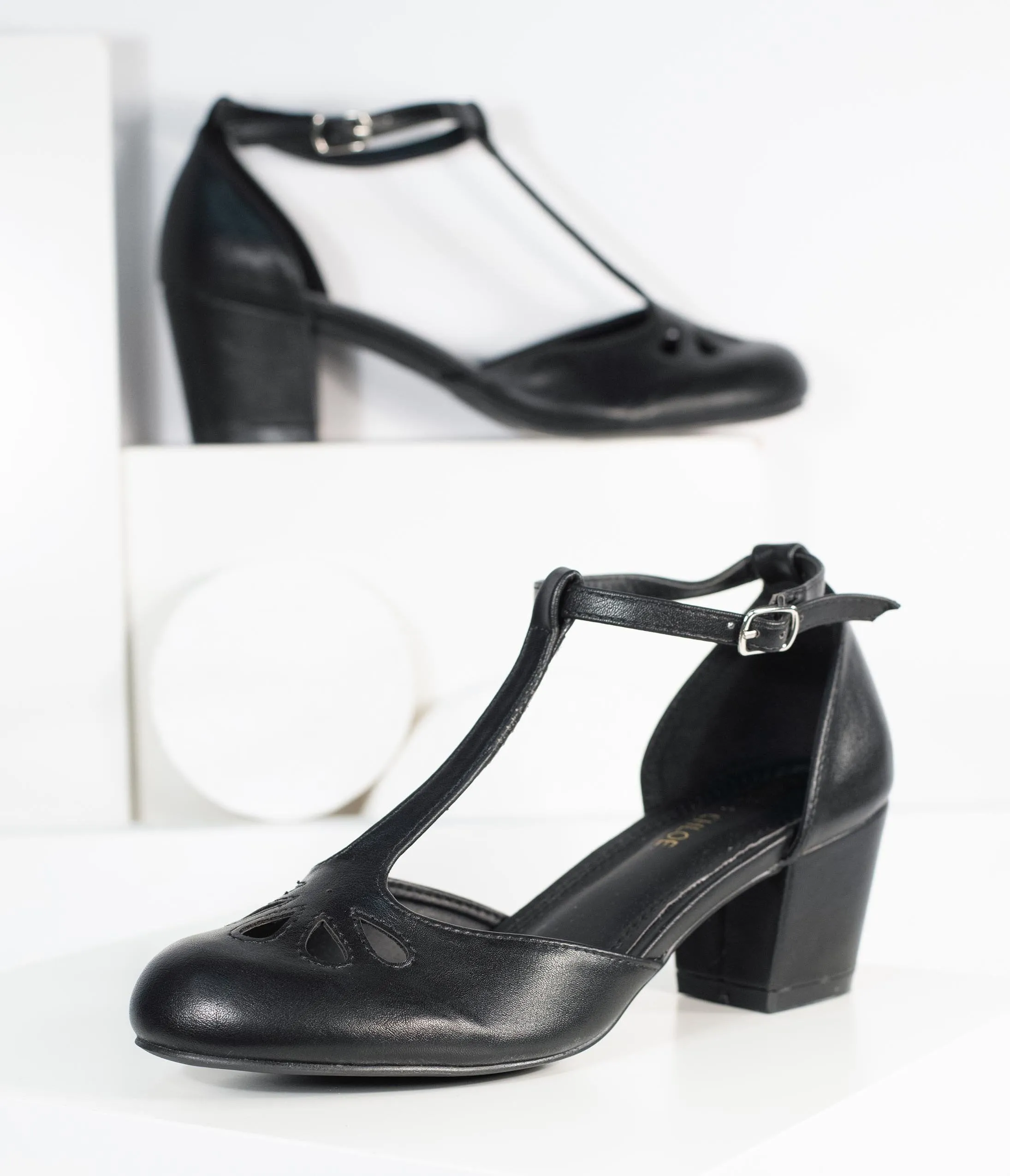 Black Leatherette Minny T-Strap Heels