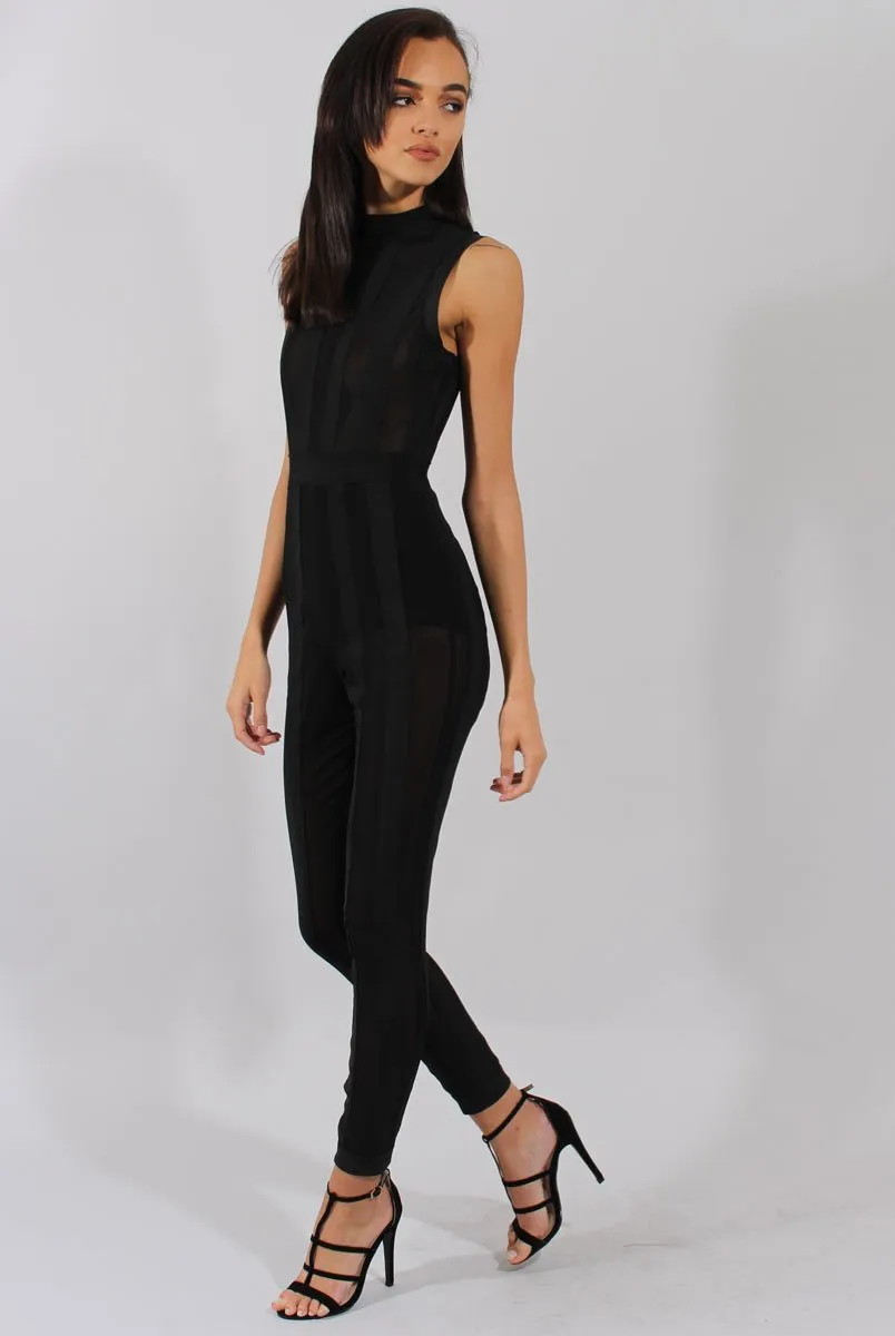 Black Striped Mesh Bandage Jumpsuit - Yara