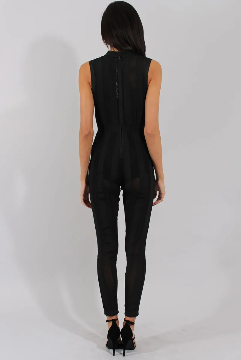 Black Striped Mesh Bandage Jumpsuit - Yara