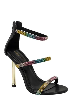 Black Women's Triple Rhinestone Strap Metallic Heel