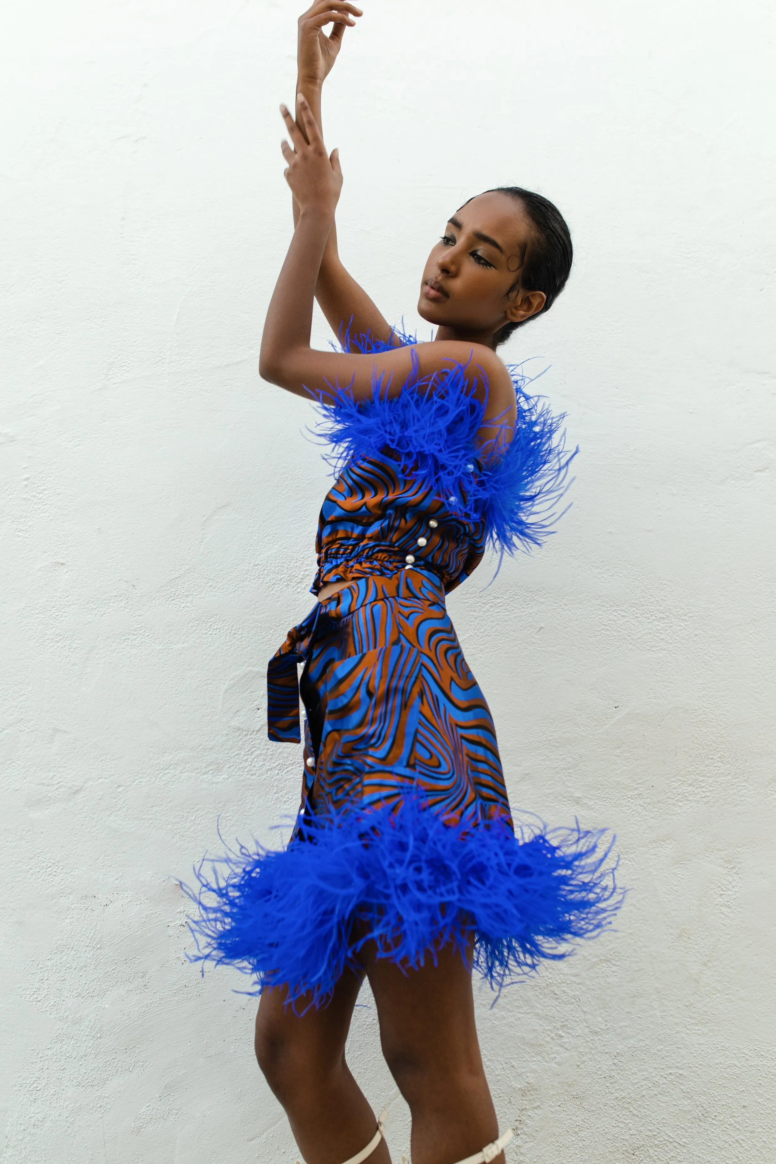 Blue Marilyn Top With Feathers Details