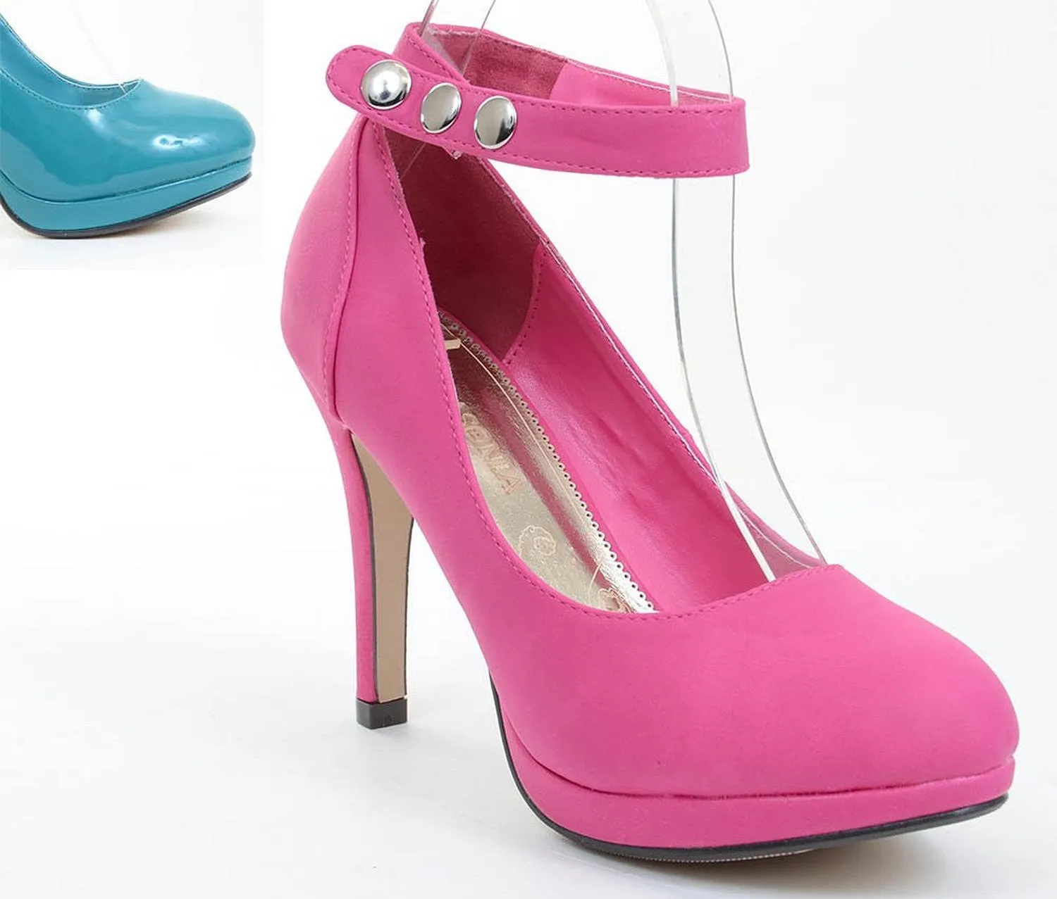 Bright Pink or Teal Patent Ankle Strap Heel Platform Pumps