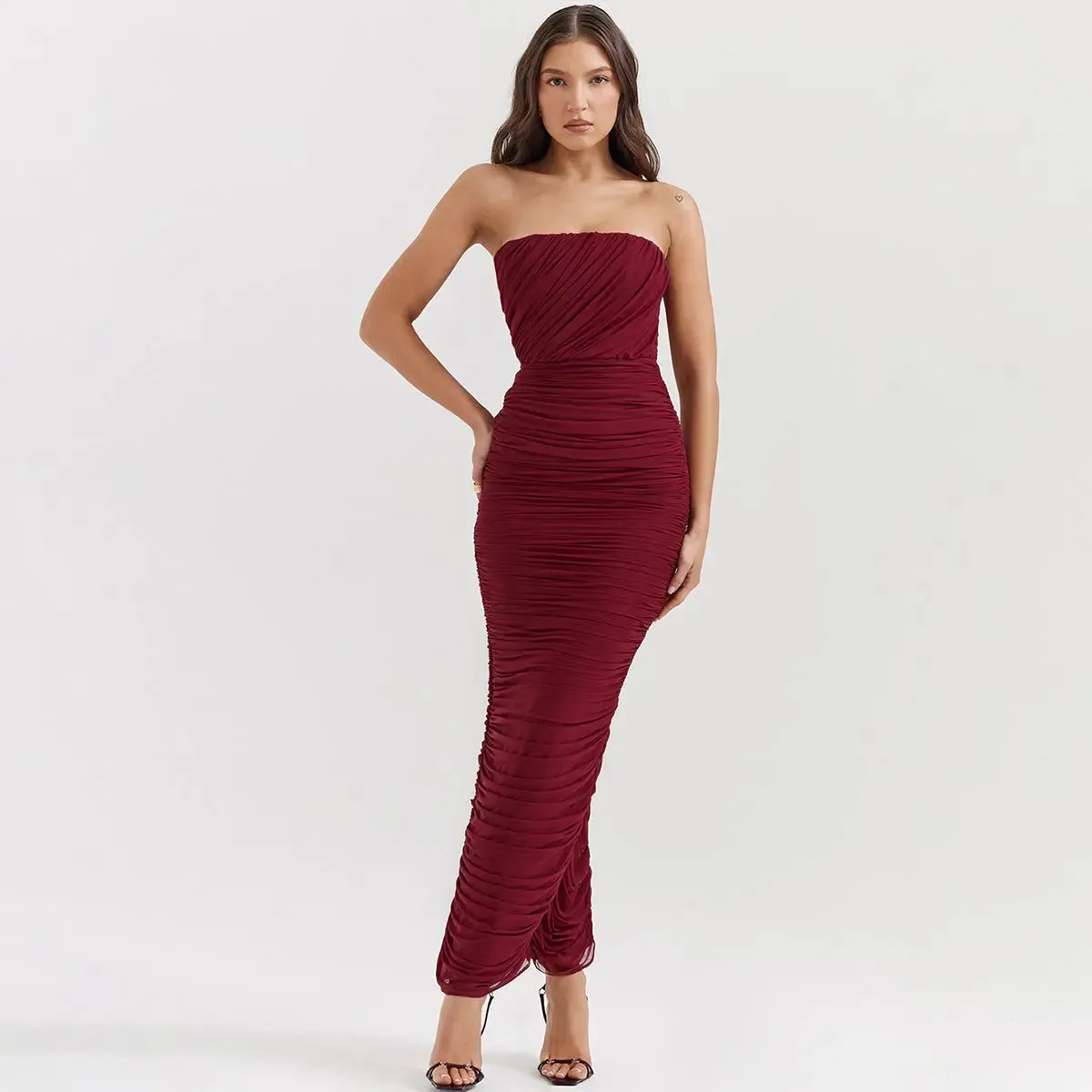 Burgundy Ruched Strapless Bodycon Dress