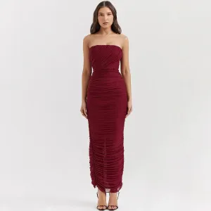 Burgundy Ruched Strapless Bodycon Dress