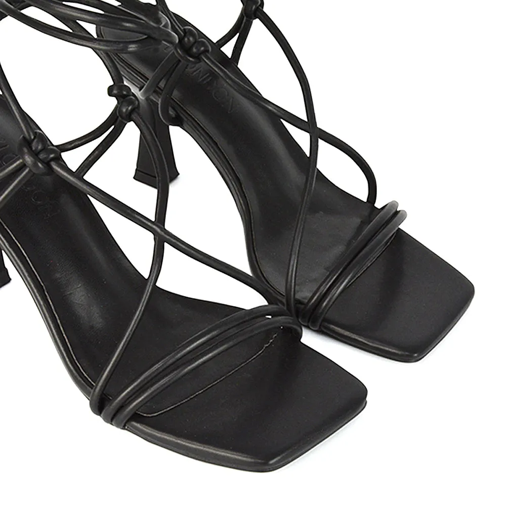 Callie Lace Up Square Toe Mid High Heel Sandals in Black Synthetic Leather