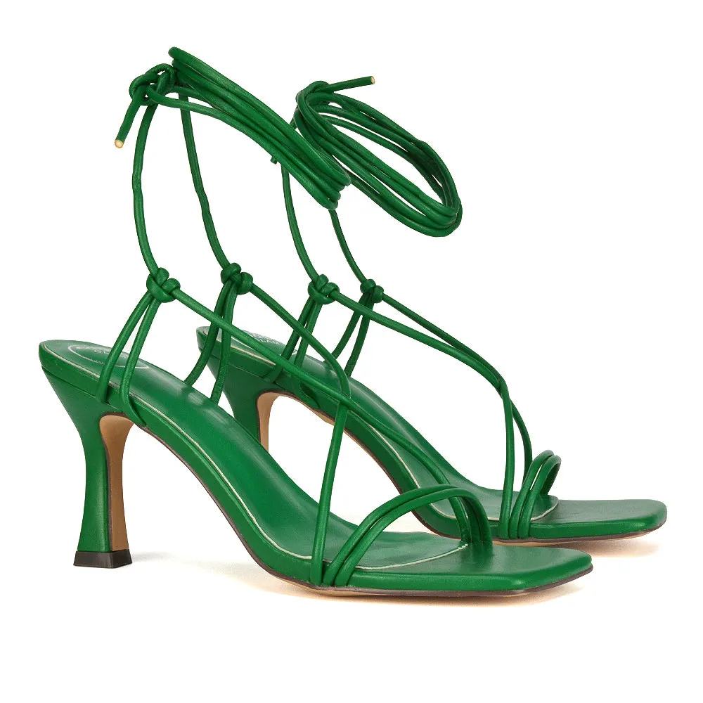 Callie Lace Up Square Toe Mid High Heel Sandals in Multi Synthetic Leather