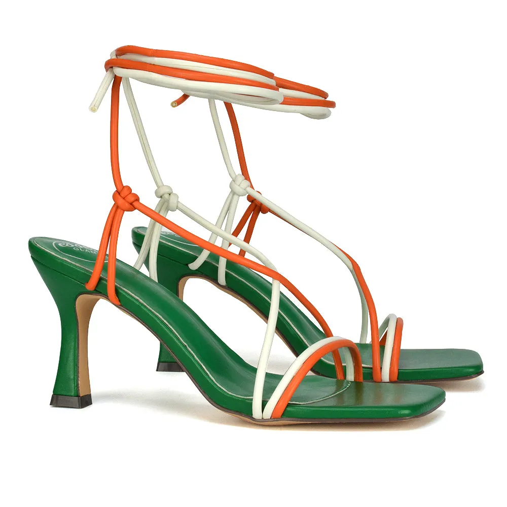 Callie Lace Up Square Toe Mid High Heel Sandals in Multi Synthetic Leather