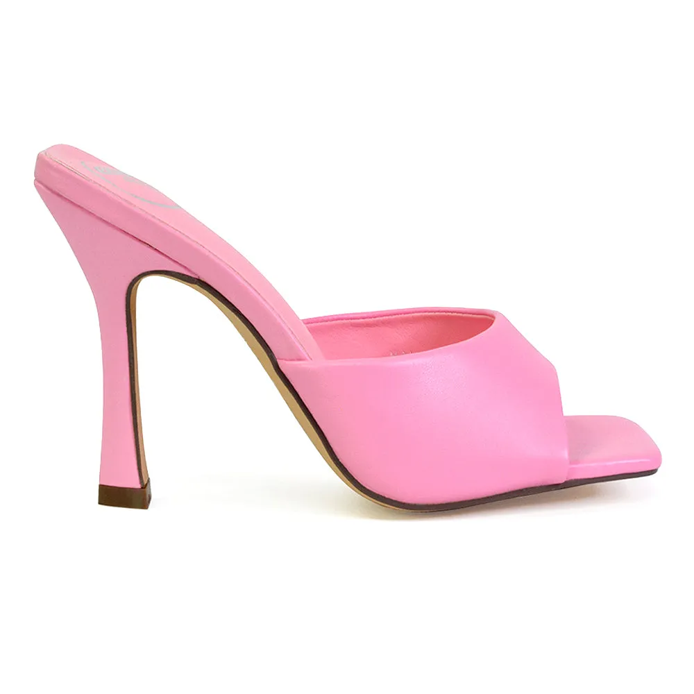 Carla Strappy Square Toe Stiletto High Heels Mule Sandals in Pink