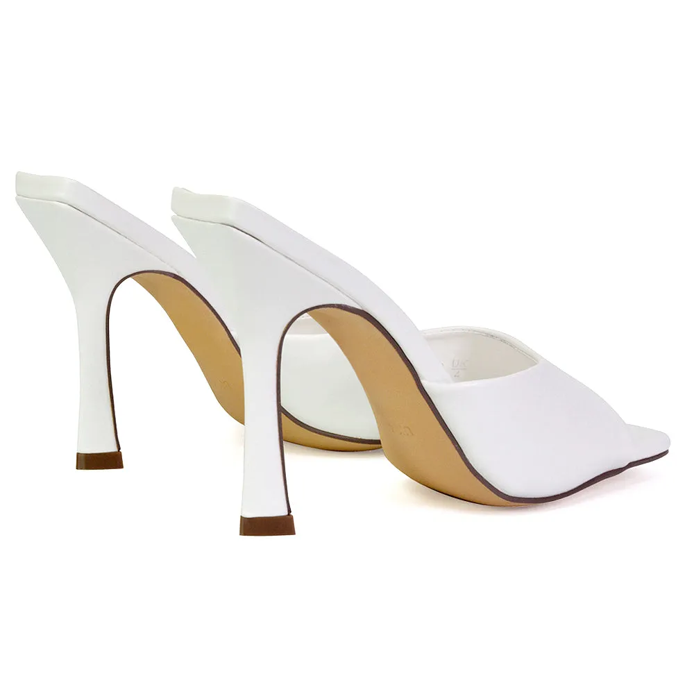 Carla Strappy Square Toe Stiletto High Heels Mule Sandals in White