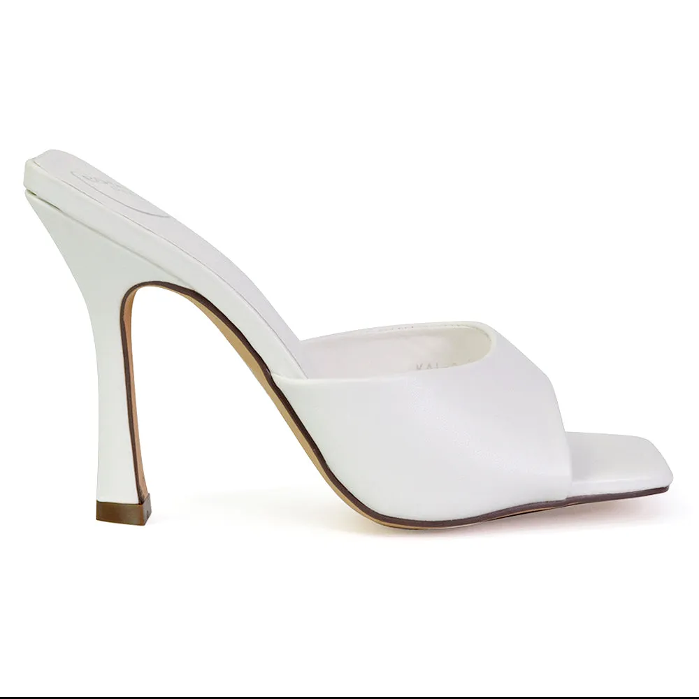 Carla Strappy Square Toe Stiletto High Heels Mule Sandals in White