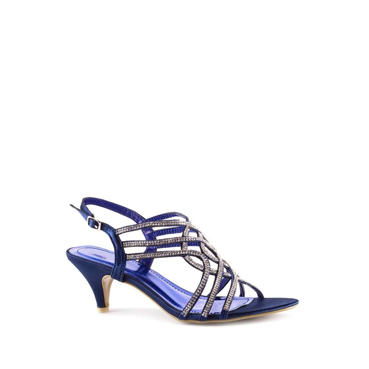 CASSANDRA Low Heel Strappy Diamante Open Toe Sling Back Sandal