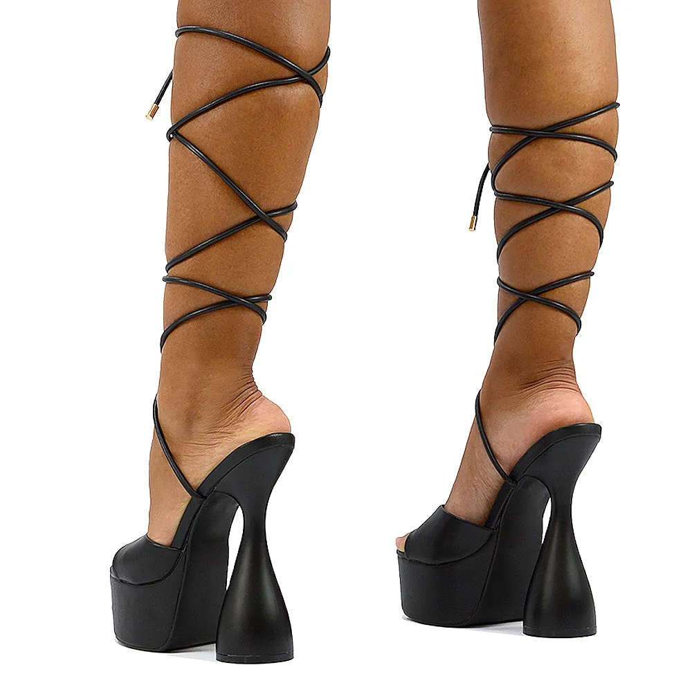 Celeste Lace Up Peep Toe Platform Sculptured Cylinder High Heel Sandals in Black Synthetic Leather