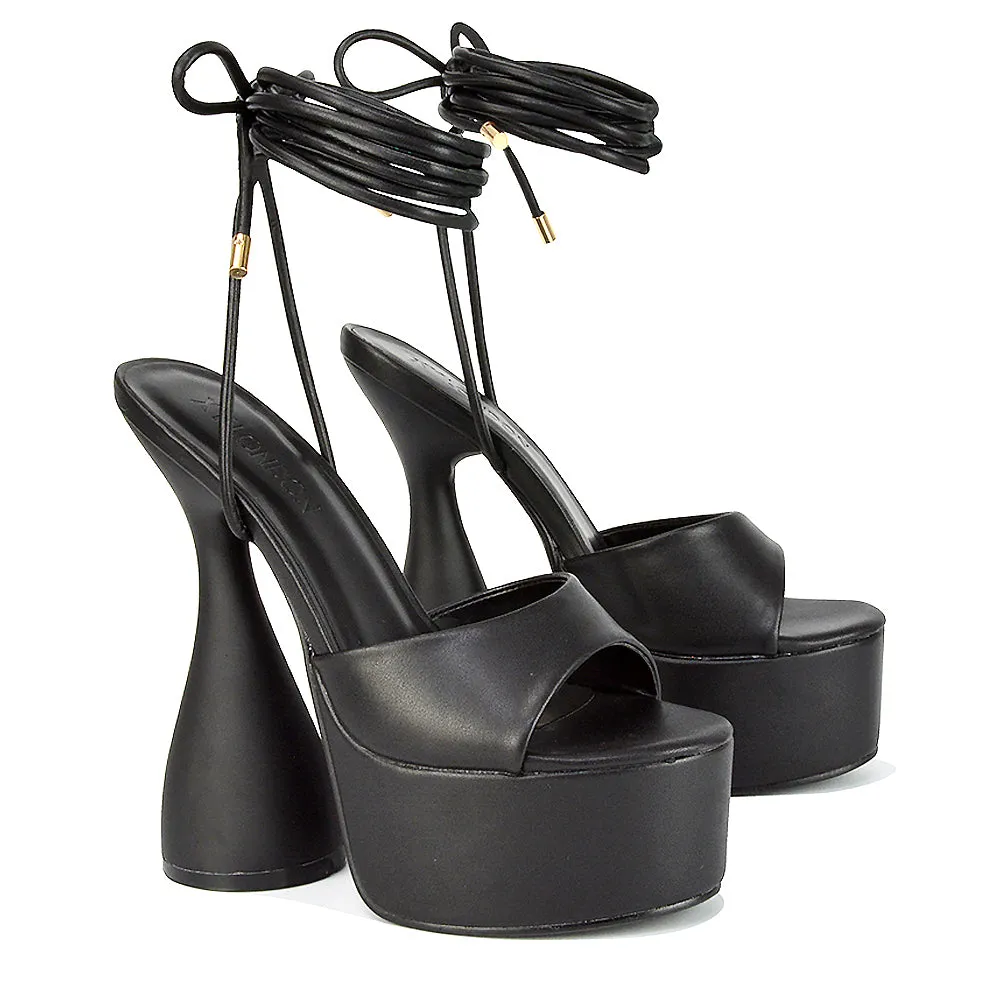 Celeste Lace Up Peep Toe Platform Sculptured Cylinder High Heel Sandals in Black Synthetic Leather