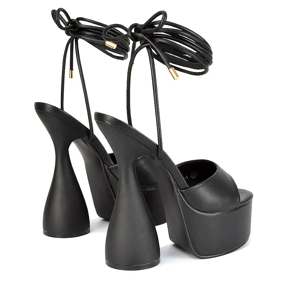 Celeste Lace Up Peep Toe Platform Sculptured Cylinder High Heel Sandals in Black Synthetic Leather